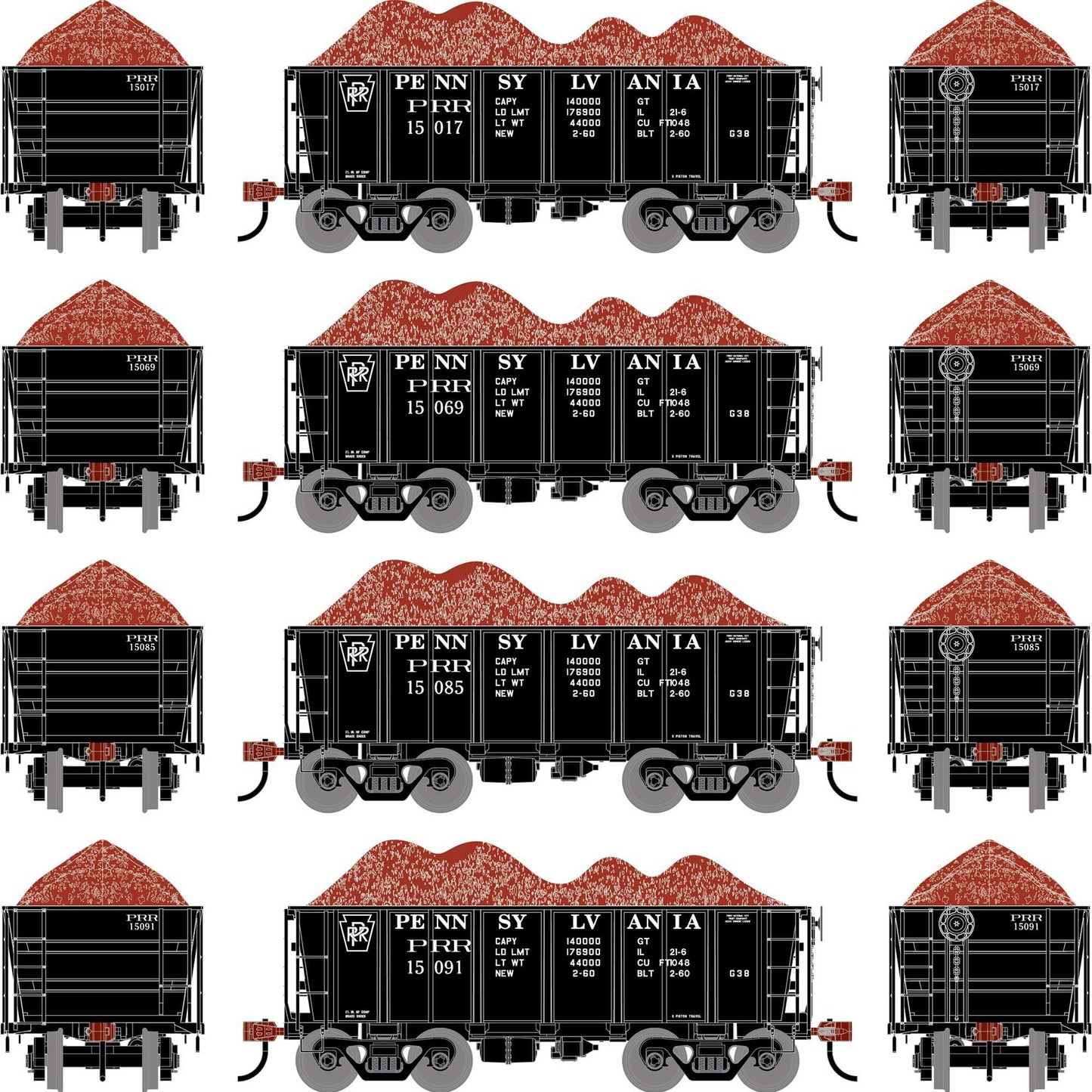 HO 26' PC&F Ore Car with Load PRR #15017/15069/15085/15091 (ATH-1706)