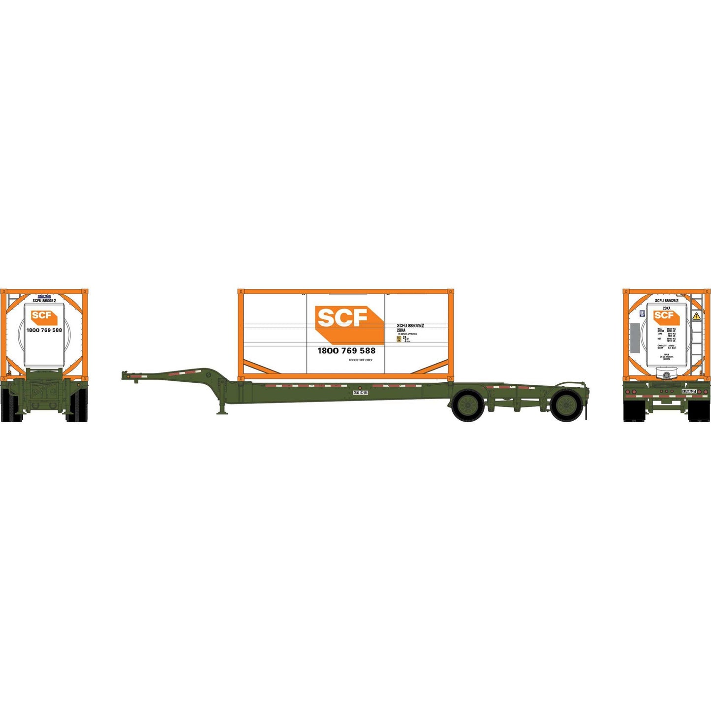 HO Drop-Frame Spread-Axle Chassis with Container (ATH-2115)