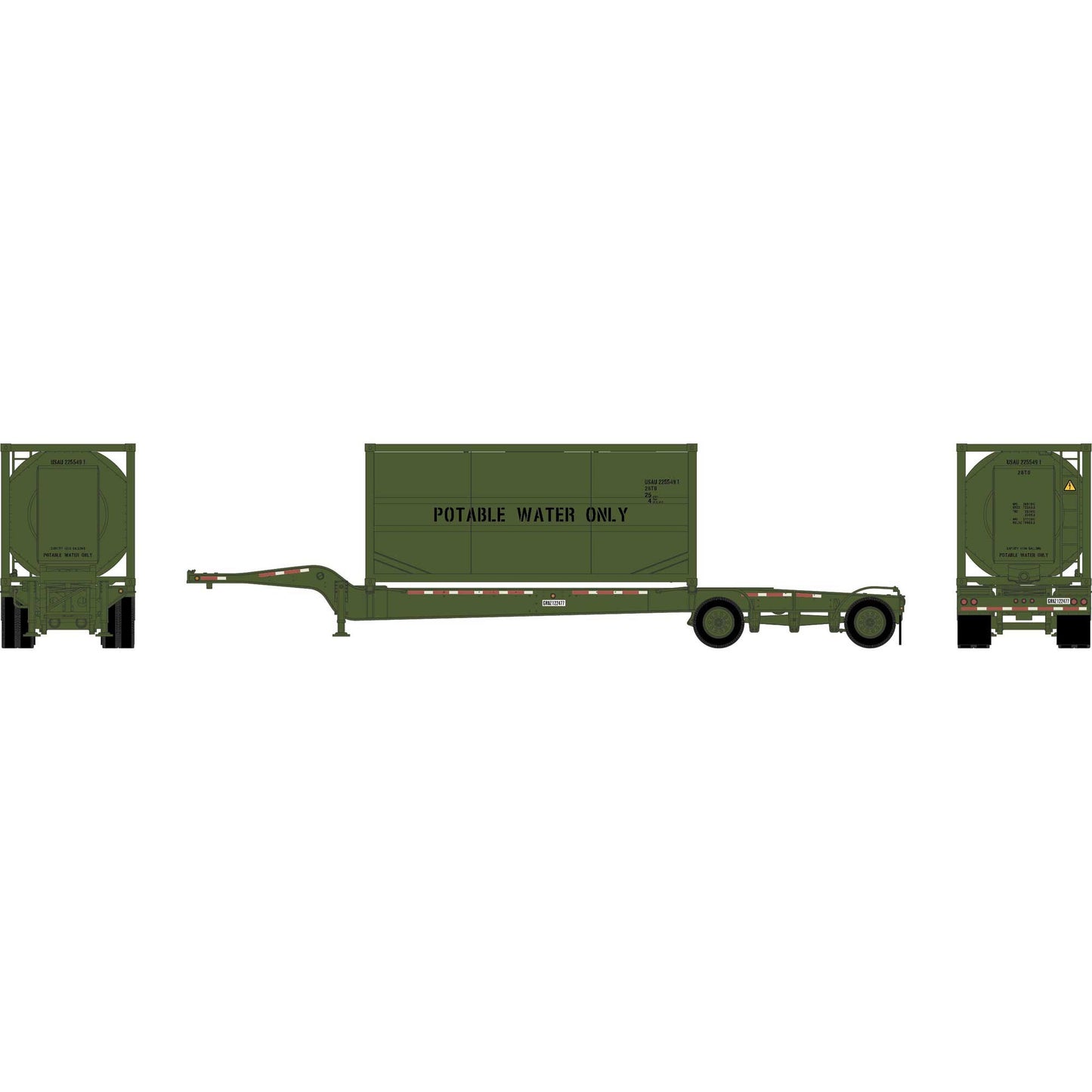 HO Drop-Frame Spread-Axle Chassis with Container (ATH-2116)