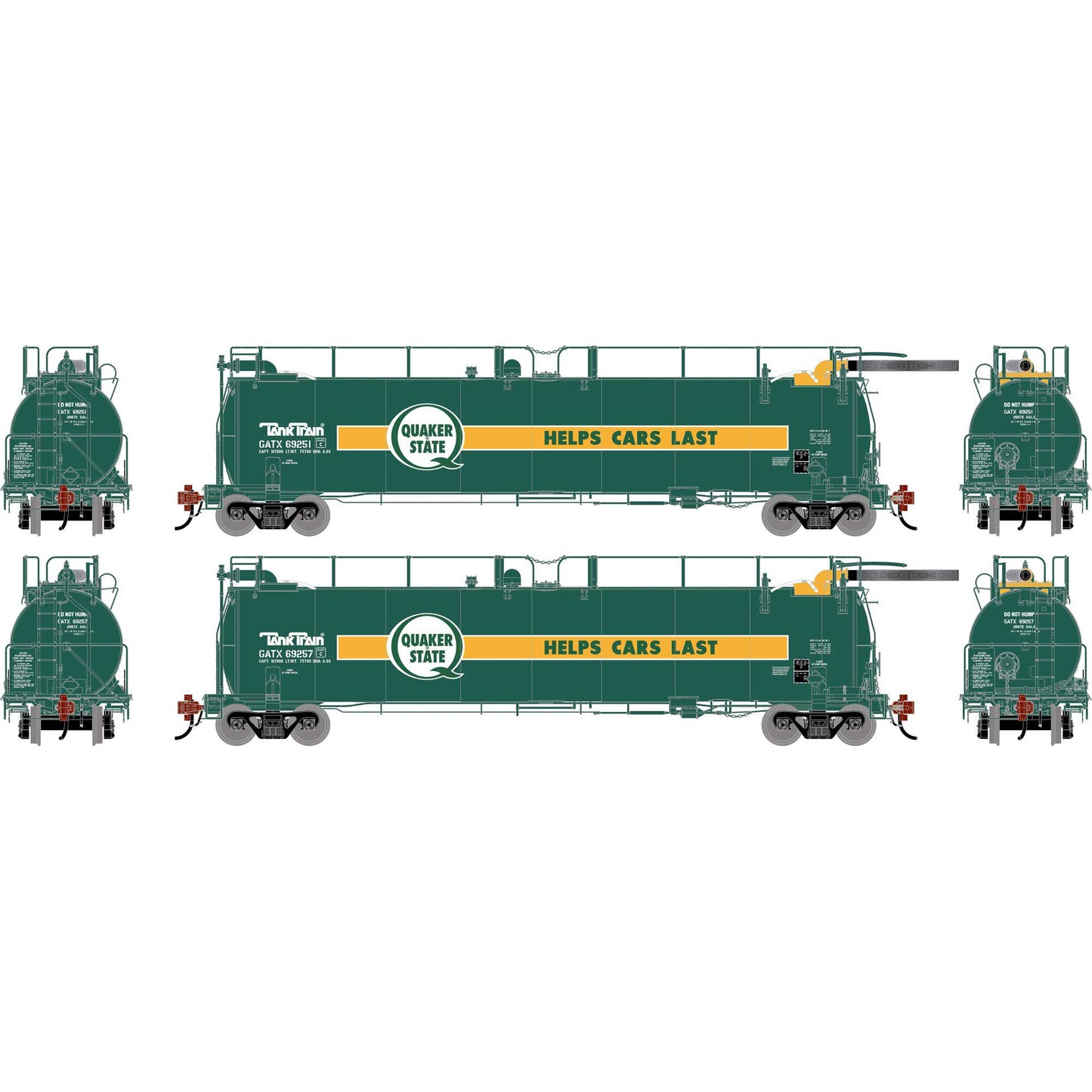 HO TankTrain GATX Quaker State #69251 and #69257 (2) Tank Cars (ATHG-1333)