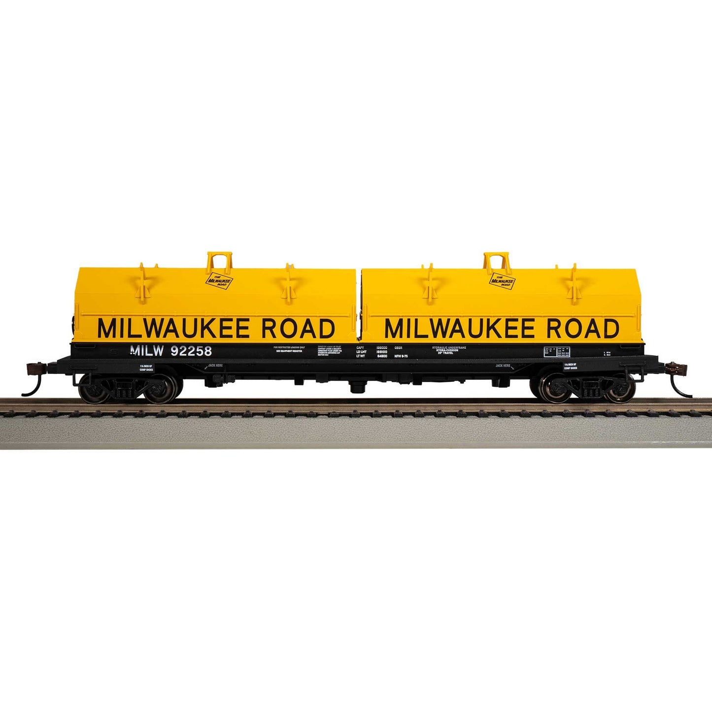 HO SCALE 55' STEEL COIL CAR with COIL LOAD MILWAUKEE ROAD 92258 with ANGLED HOOD