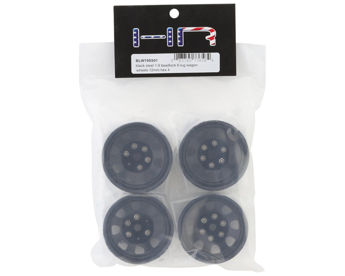 Black Steel 1.9 Beadlock 6-Lug Wagon Wheels with 12mm Hex (Set of 4) (HRABLW19SS01)