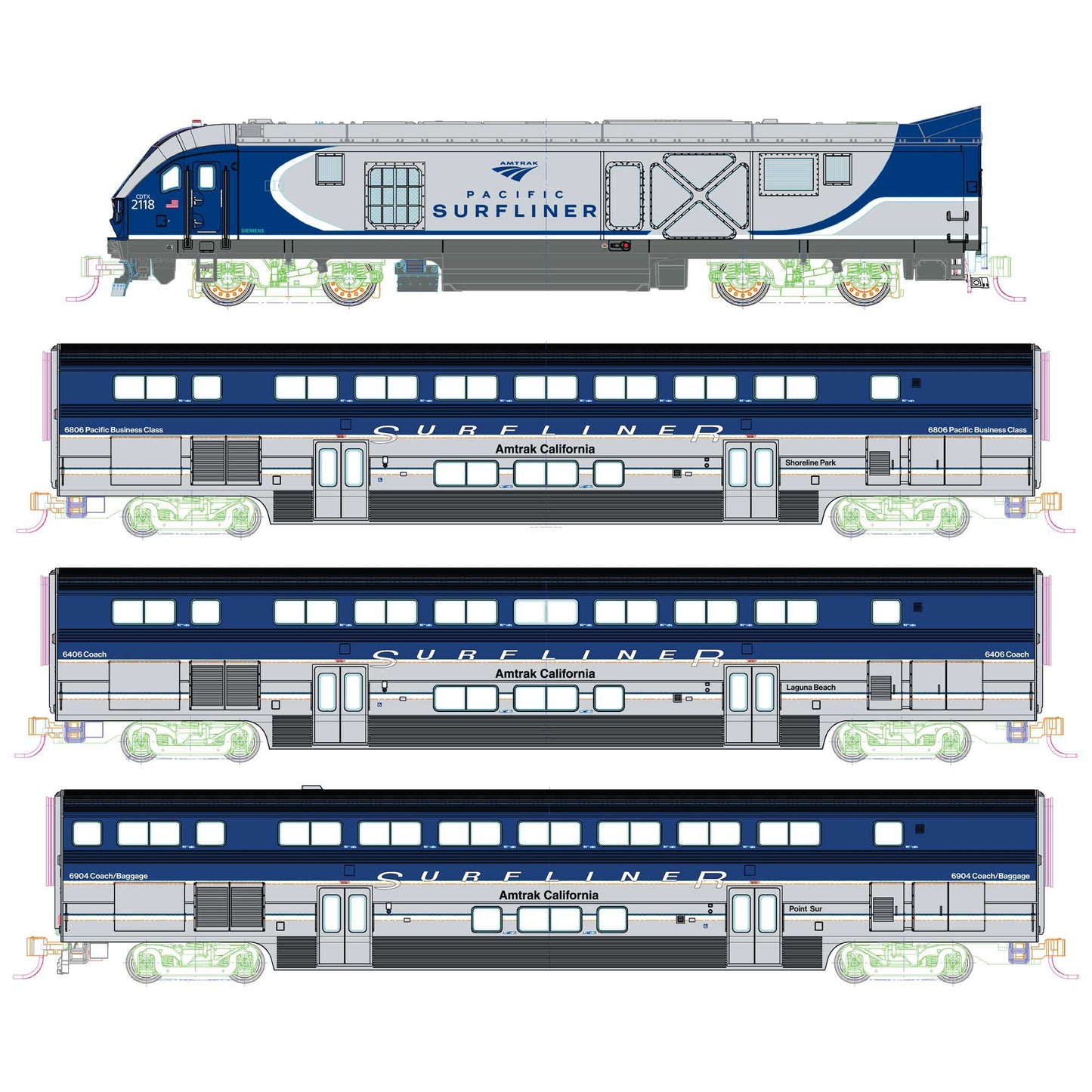 Amtrak SC-44 and Amtrak Pacific Surfliner 4 Unit Base Set with Pre-Installed DCC (KAT106-9001-DCC)