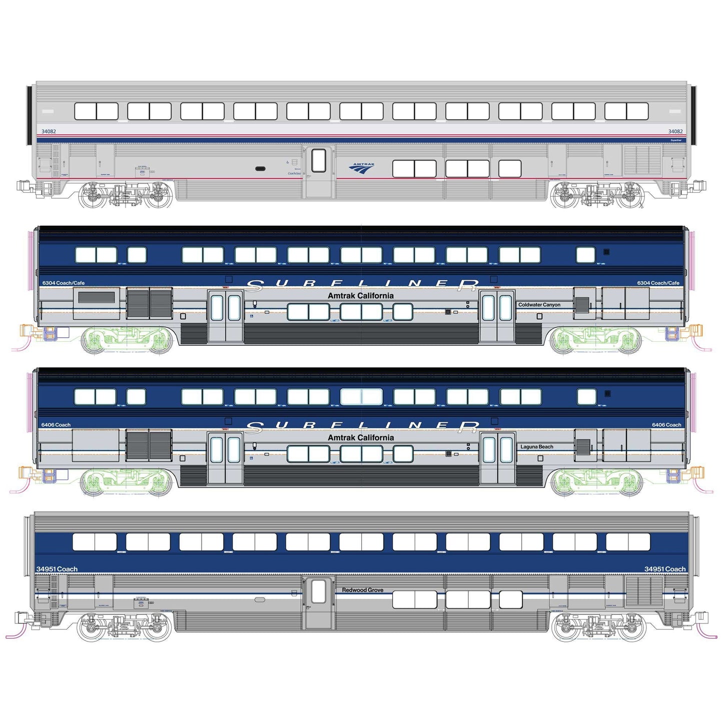 N Amtrak Pacific Surfliner 4 Car Add-on Set with Pre-Installed Interior Lighting (KAT106-9002-1)