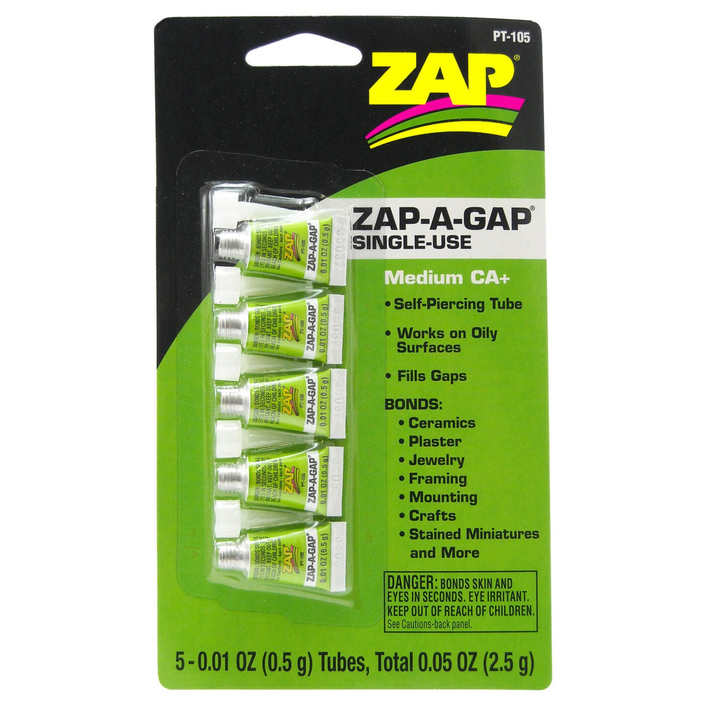 Zap-A-Gap Medium CA+ Single Use Adhesive Tubes 5 x 1/2 Gram (PAAPT105)