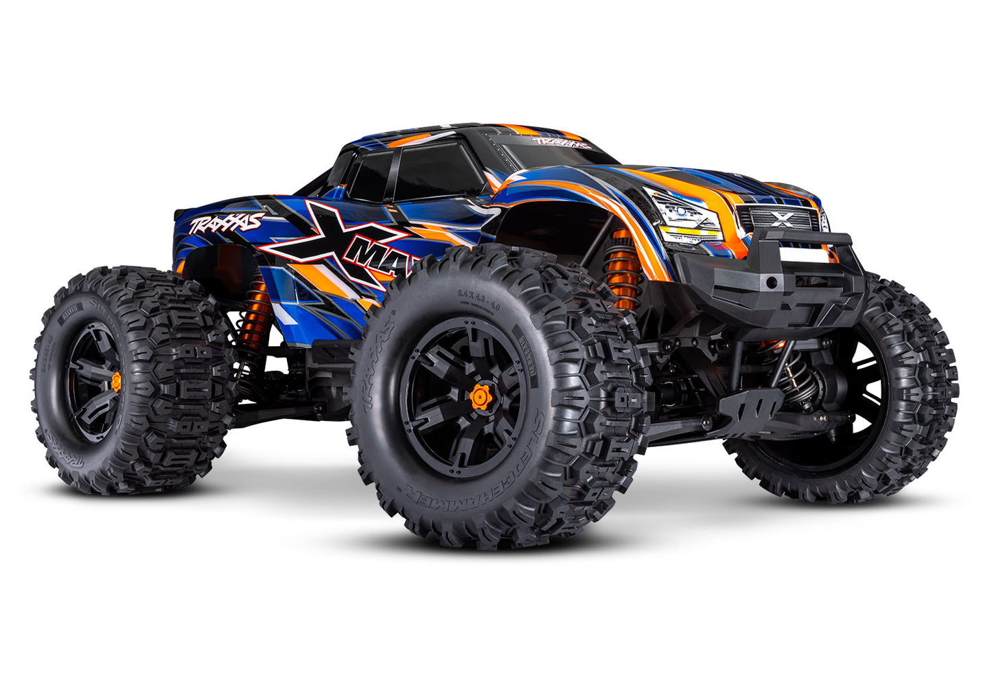 A studio shot of the X-Maxx 8S with Belted Sledgehammer Tires (Orange) (TRA77096-4-ORNG).
