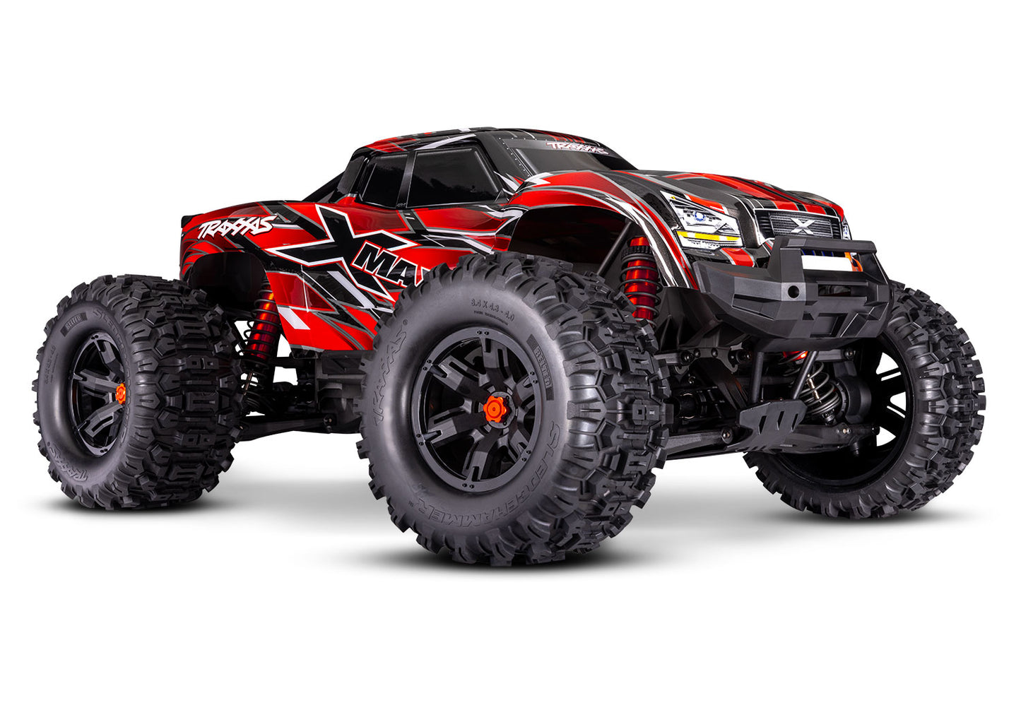 A studio shot of the X-Maxx 8S with Belted Sledgehammer Tires (Red) (TRA77096-4-RED).