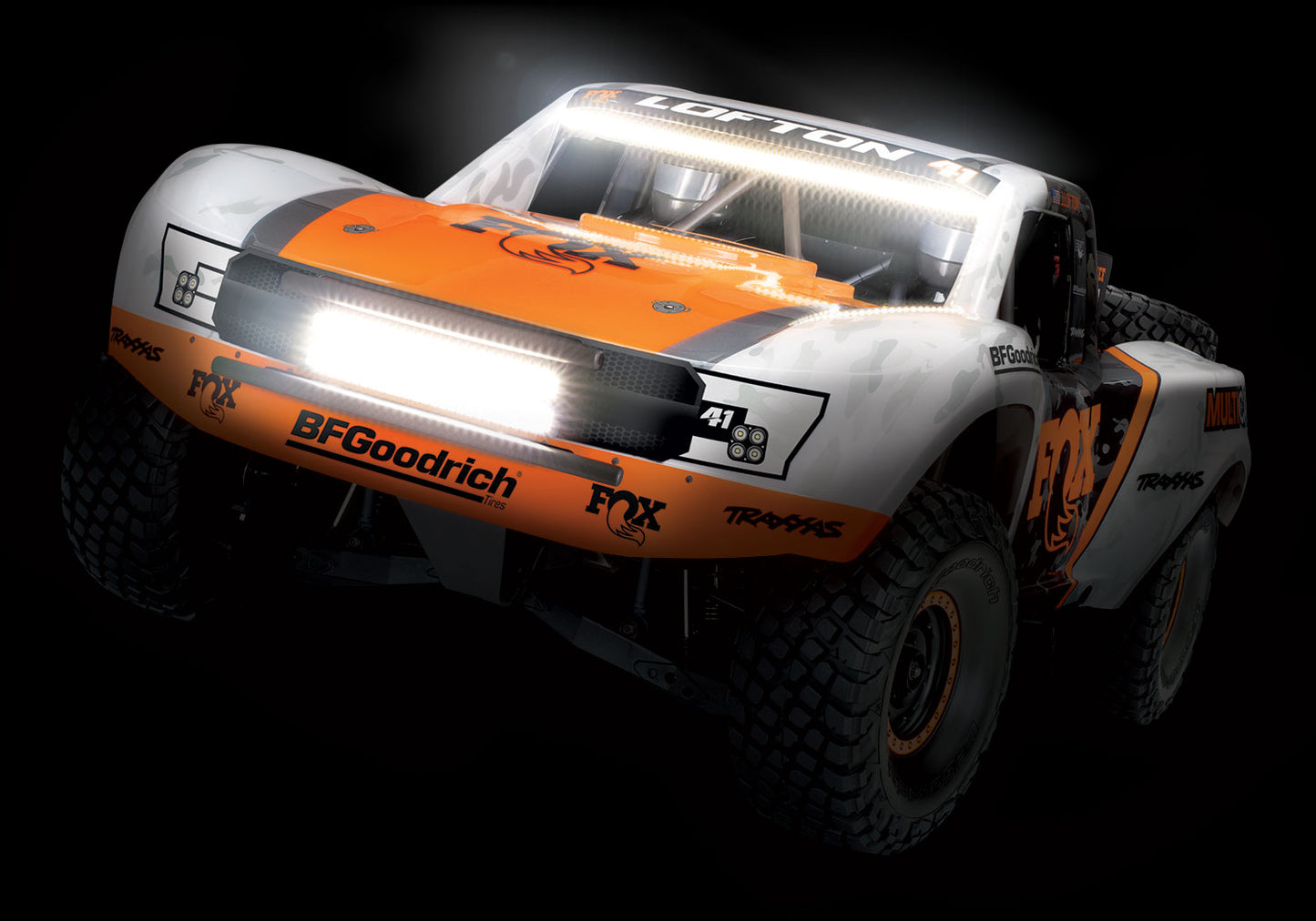 A studio shot of the 1/7 Unlimited Desert Racer Ready to Run (Fox) (TRA85086-4-FOX).