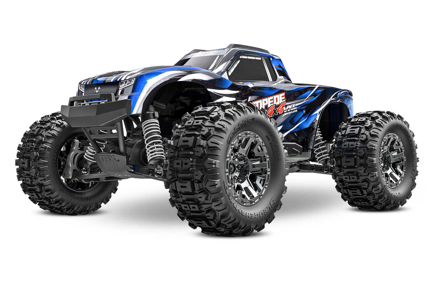 A studio shot of the 1/10 Stampede 4x4 VXL with 540XL Motor Ready to Run (Blue) (TRA90376-4-BLUE).