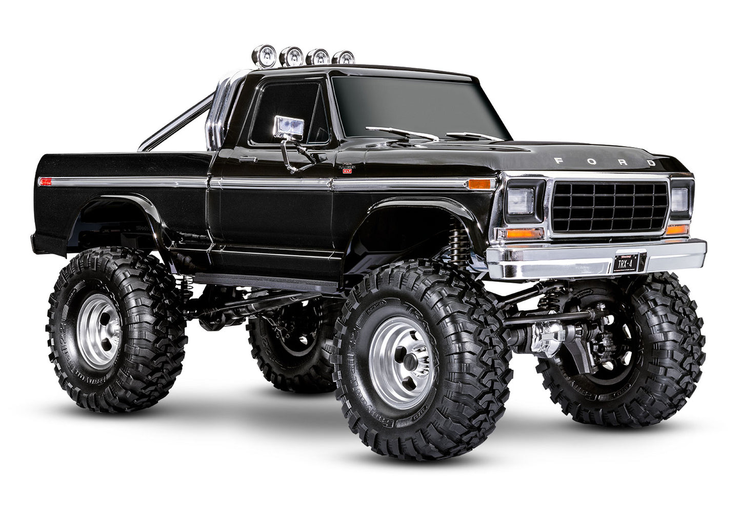A studio shot of the 1/10 TRX-4 Ford F-150 High Trail Edition Ready to Run (Black) (TRA92046-4-BLK).