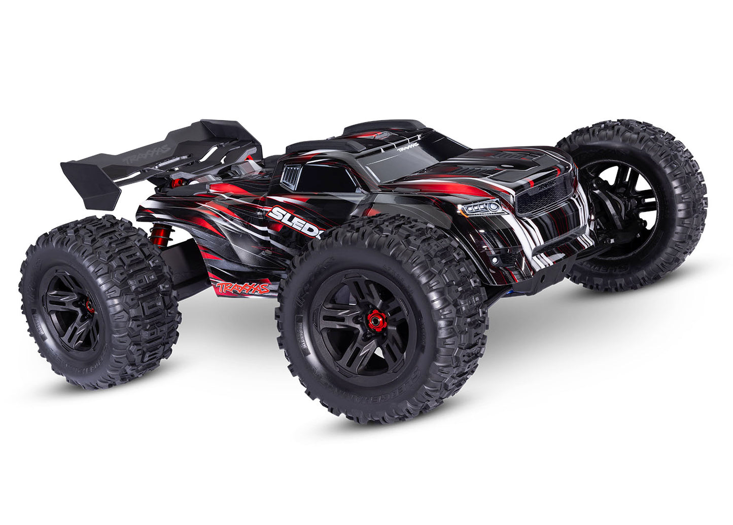 A studio shot of the 1/8 Sledge with Belted Sledgehammer Tires Ready to Run (Red) (TRA95096-4-RED).