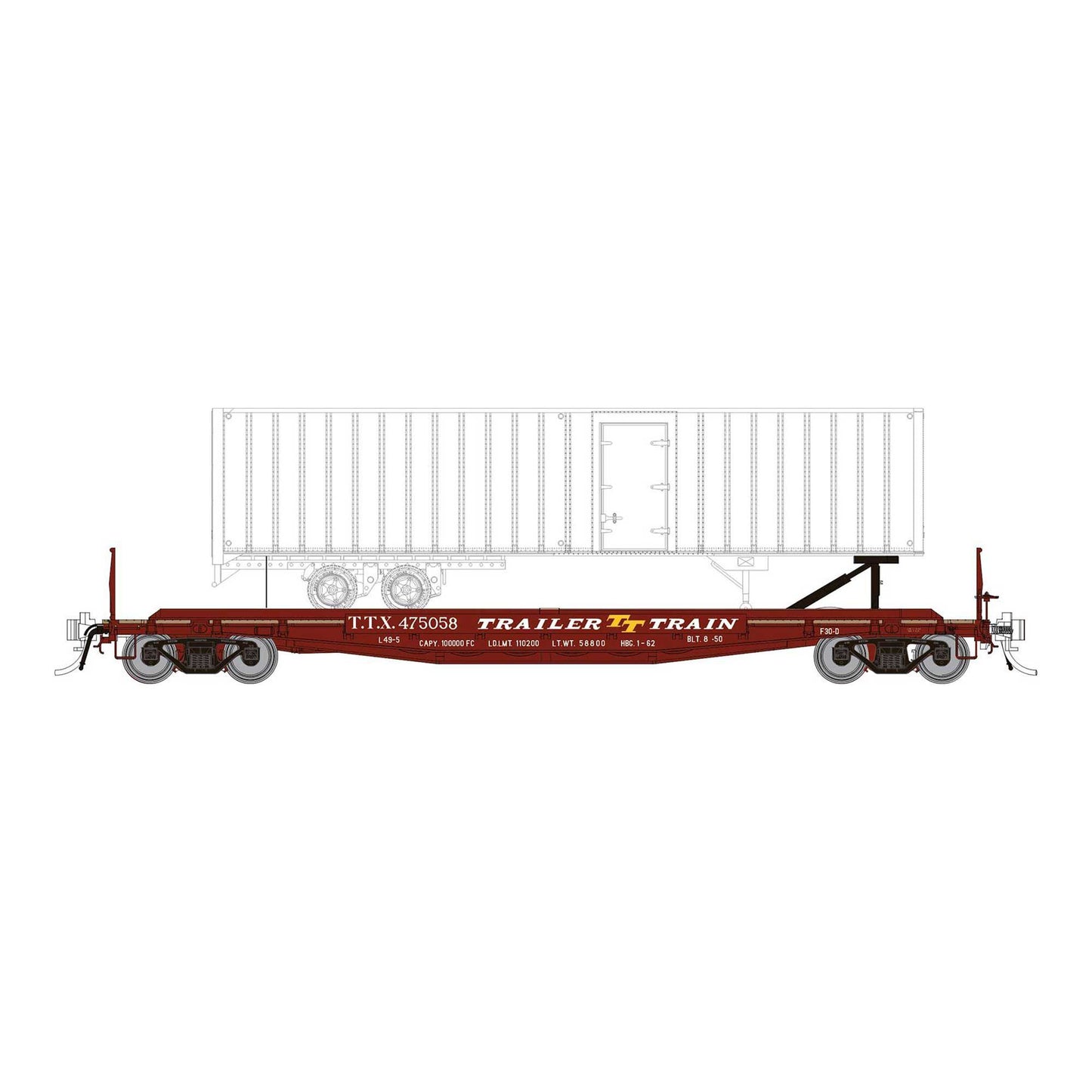 HO F30D 50 TOFC Flat Car with Trailer TTX Late Red (RPI138018A)