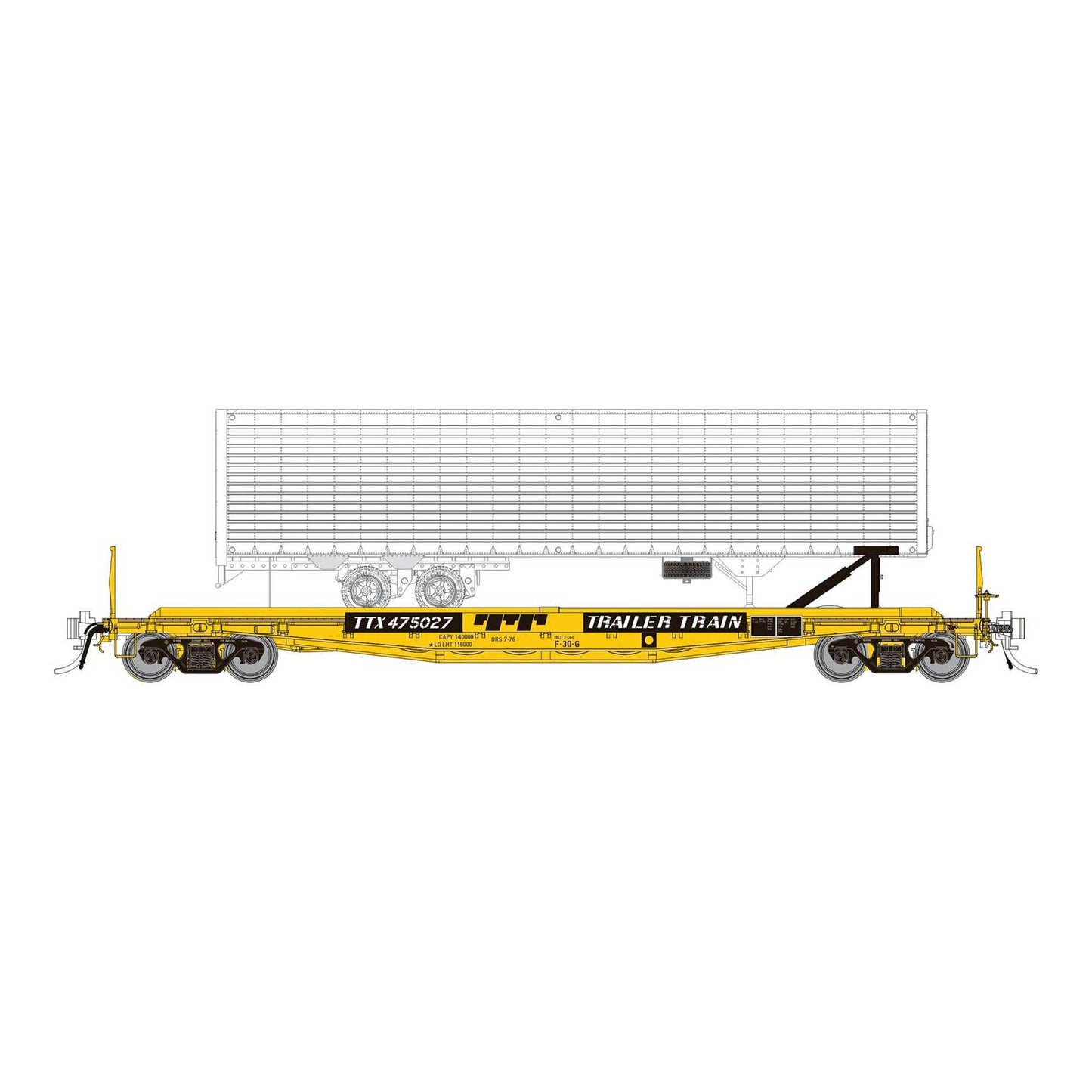 HO F30D 50 TOFC Flat Car with Trailer TTX Yellow (RPI138019A)