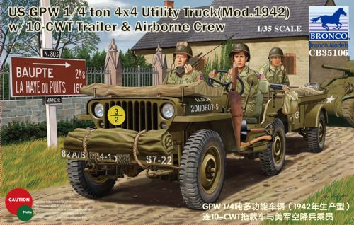 1/35 US Jeep 1/4 Ton 4x4 Utility Truck 1942 with 10-CWT Trailer and Airborne Crew Plastic Model (BNC35106)