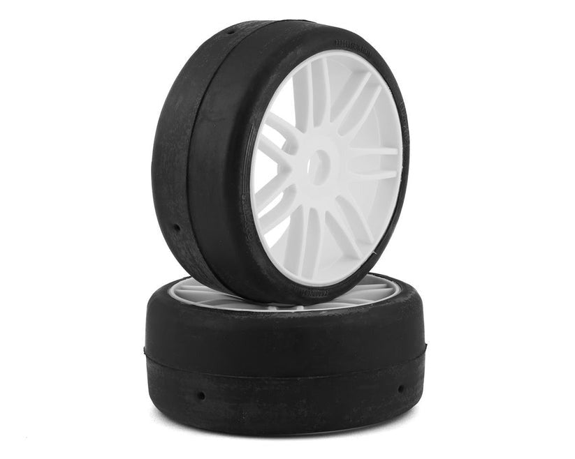 GT T02 Slick S5 Medium Mounted Belted Tires on Spoked White Wheels (2): 1/8 Buggy (GRPGTH02S5)