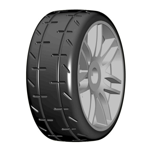 GT T01 Revo S5 Medium Mounted Belted Tires on Spoked Silver Wheels (2): 1/8 Buggy (GRPGTK01S5)