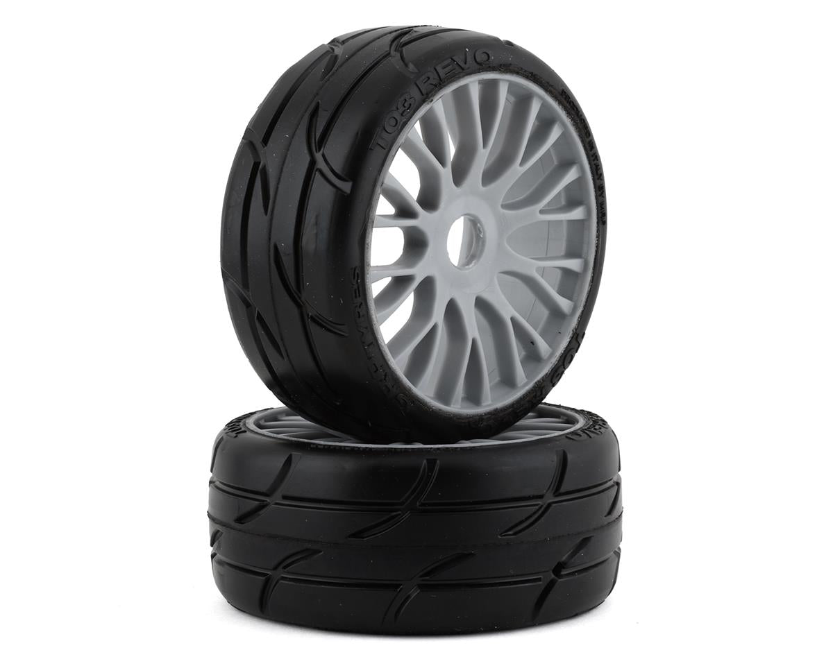 GT TO3 Revo XM5 Medium Mounted Belted Tires on Silver Spoked Wheels (2): 1/8 Buggy (GRPGTK03XM5)