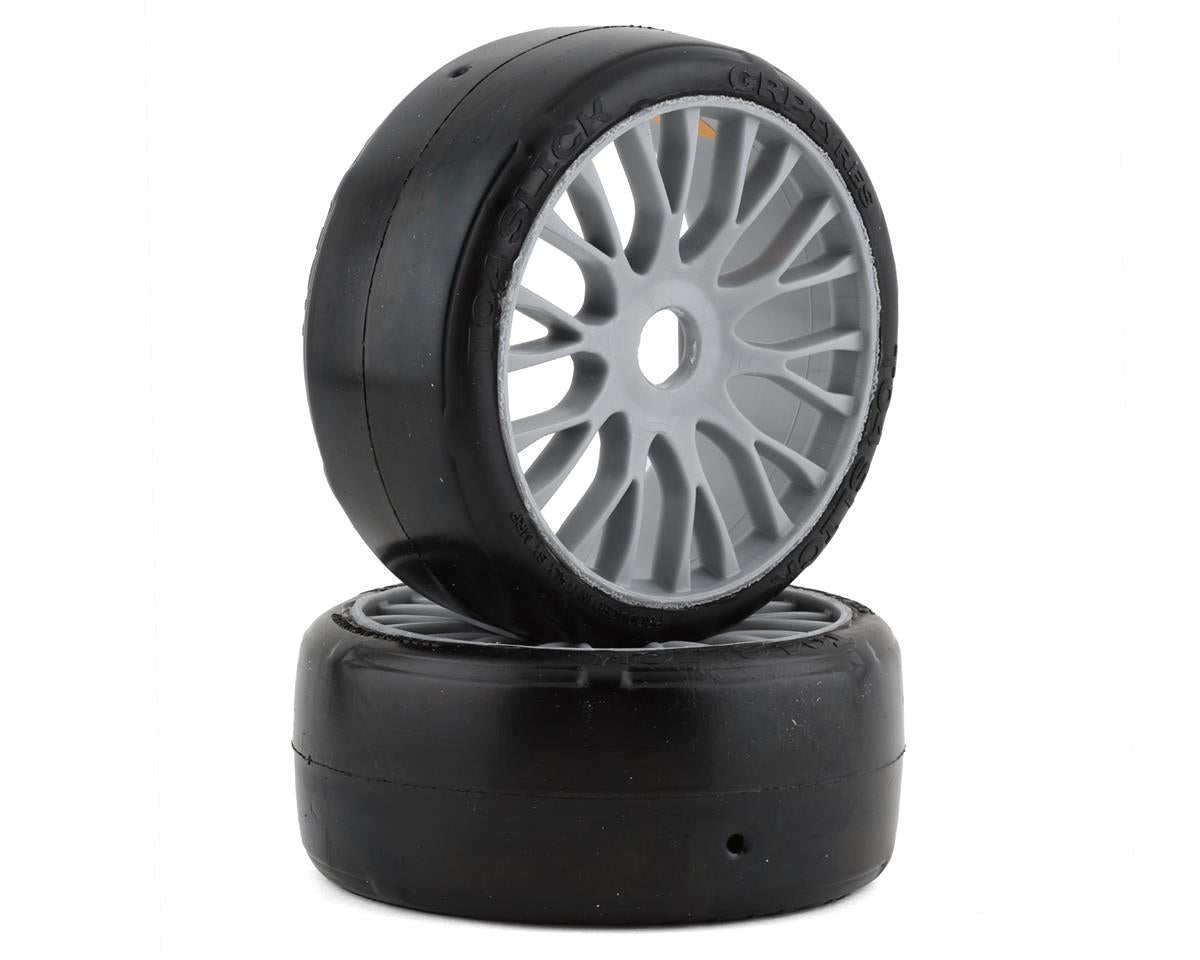 GT TO4 Slick XB1 UltraSoft Mounted Belted Tires on Silver Spoked Wheels (2): 1/8 Buggy (GRPGTK04XB1)