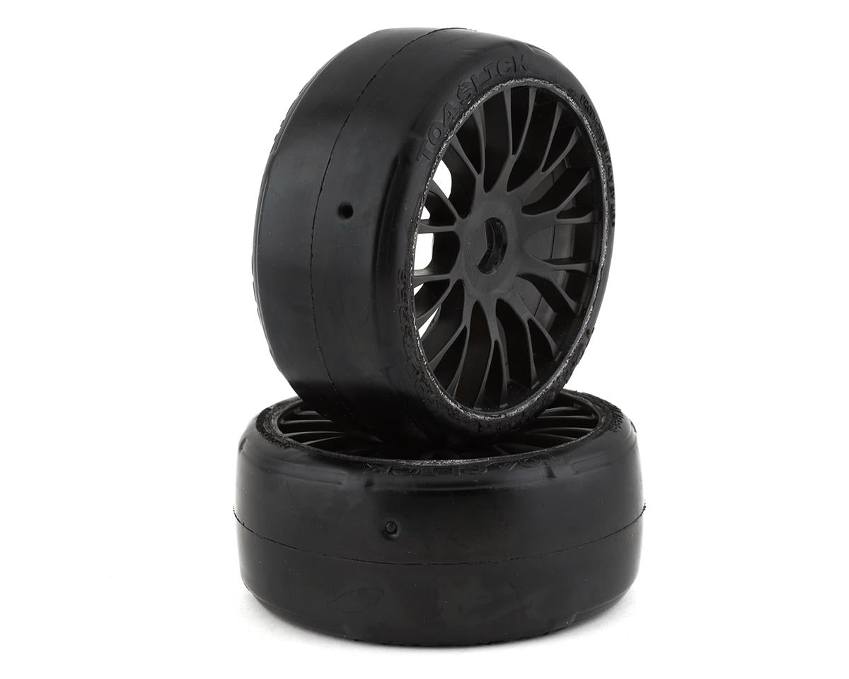 GT TO4 Slick XM5 Medium Mounted Belted Tires on Black Spoked Wheels (2): 1/8 Buggy (GRPGTX04XM5)