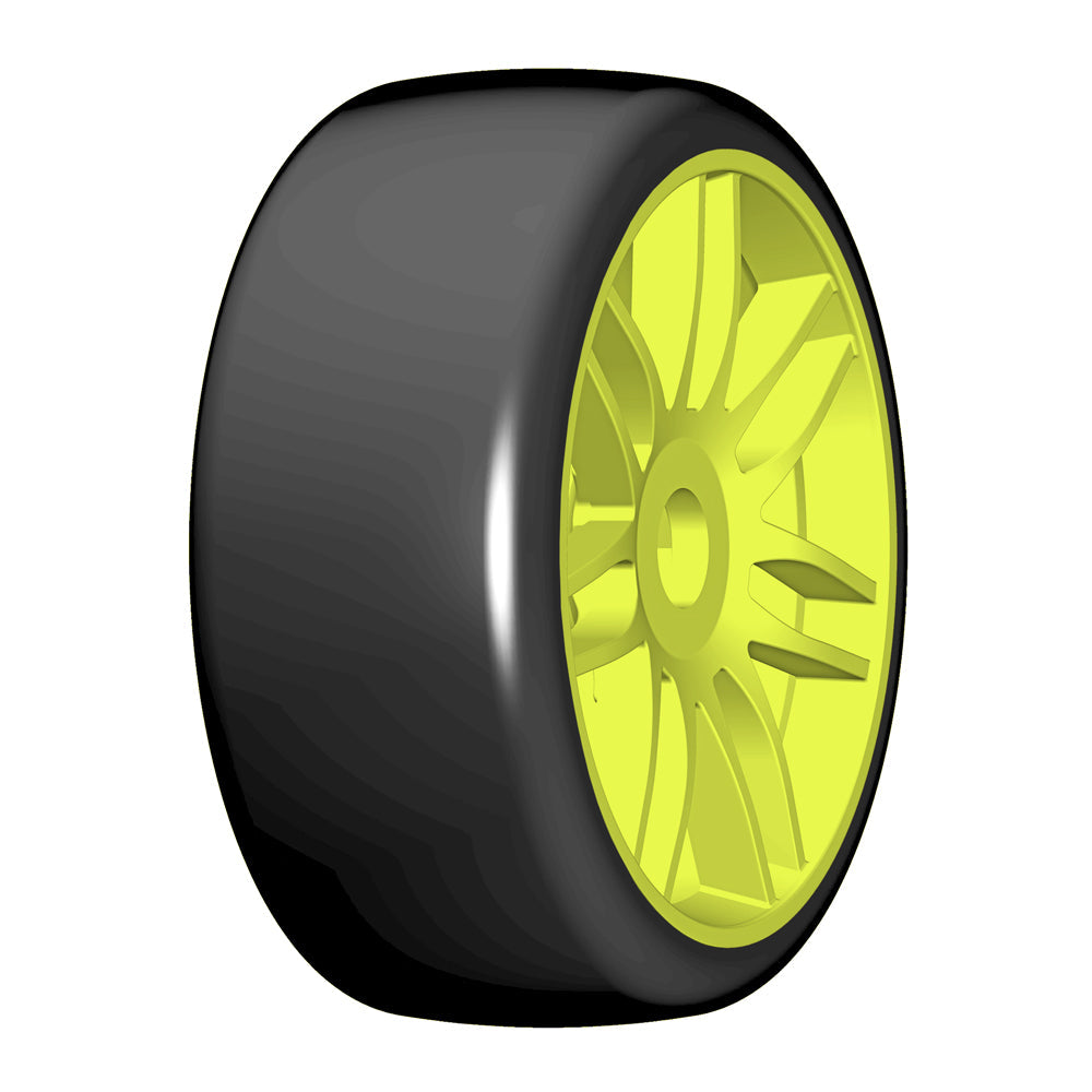 GT T02 Slick S5 Medium Mounted Belted Tires on Spoked Yellow Wheels (2): 1/8 Buggy (GRPGTY02S5)