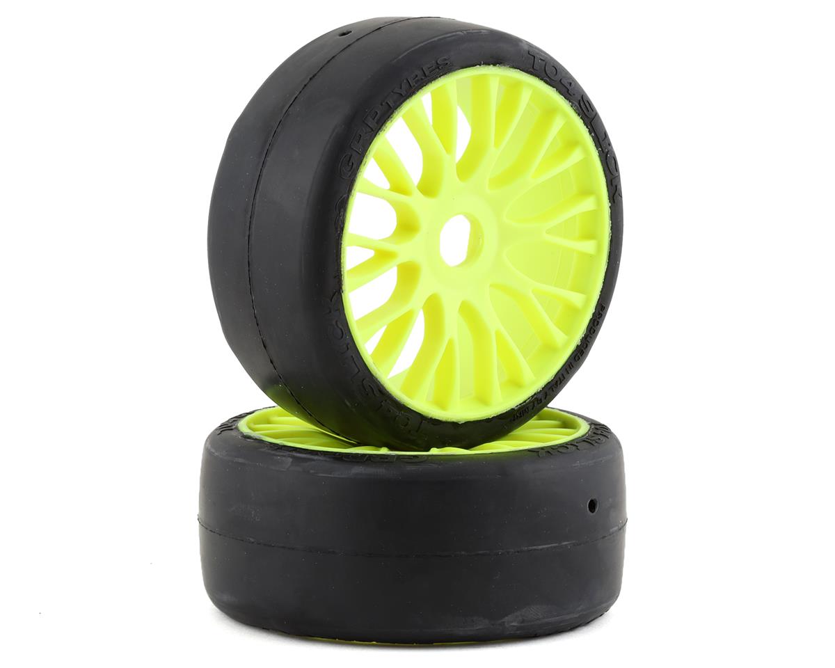 GT TO4 Slick XM5 Medium Mounted Belted Tires on Yellow Spoked Wheels (2): 1/8 Buggy (GRPGTY04XM5)