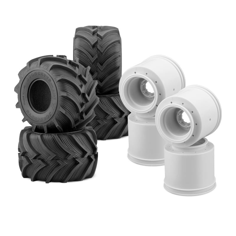 Fling Kings 2.6"x3.8" Tires with White Aggressor Wheels Combo for Traxxas E-Revo or Arrma Kraton, Yellow Compound (2) (JCO3084003423W)