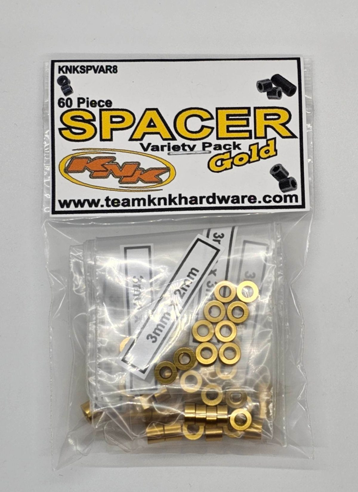 3mm Aluminum Spacer Variety Pack, Gold (60 Assorted) (KNKSPVAR8)