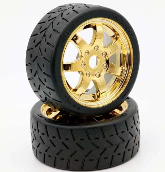 1/8 Gripper 42/100 Belted Mounted Tires 17mm, Gold Wheels (PHBPHT5101GOLD)