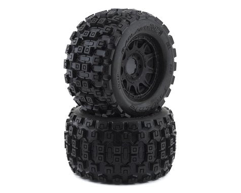 Badlands MX28 2.8" M2 Compound Premounted Tires with 8x32 Black Raid Wheels for 1/8 Monster Truck (2) (PRO1012710)