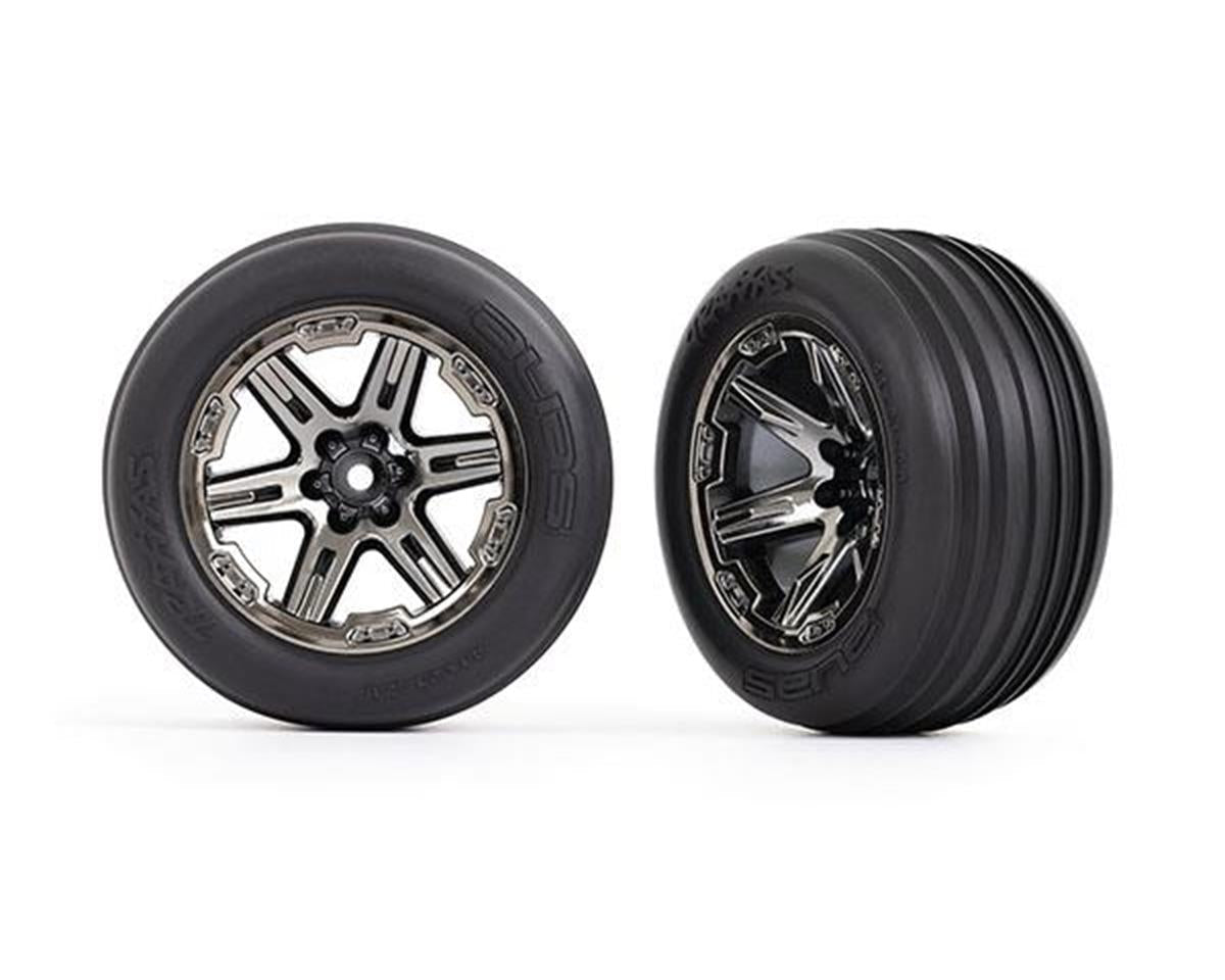 Ribbed 2.8" Premounted Tires with Black Chrome RXT Wheels for Rustler Front (2) (TRA3771R)