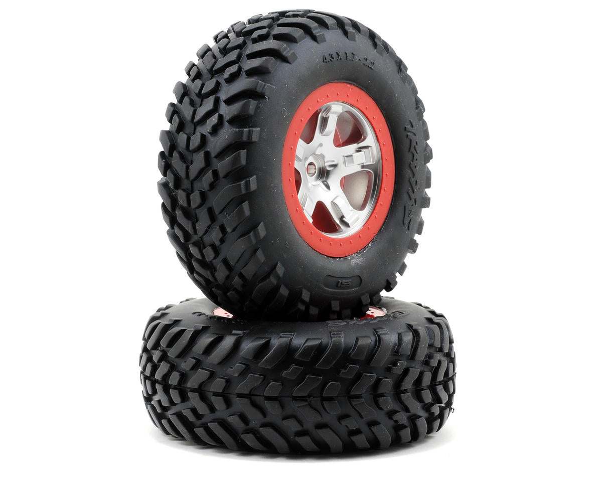 OFR 2.2/3.0 SCT S1 Compound Premounted Tires with Satin Chrome/Red Wheels for Slash Rear/Slash 4x4 (2) (TRA5873R)