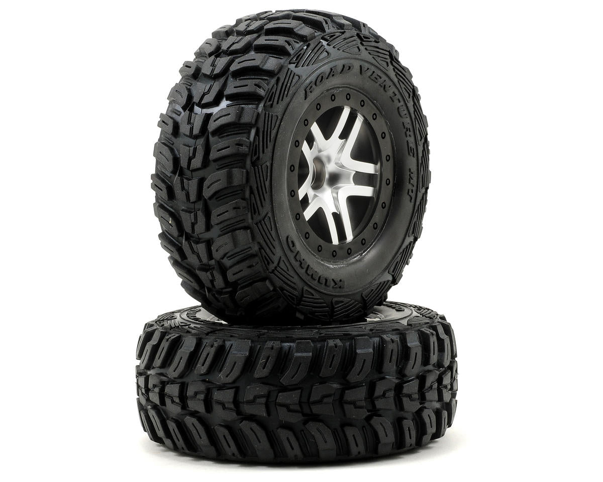 Kuhmo Venture MT 2.2/3.0 SCT S1 Compound Premounted Tires with Satin Chrome/Black Split-Spoke Wheels for Slash Front (2) (TRA5882R)