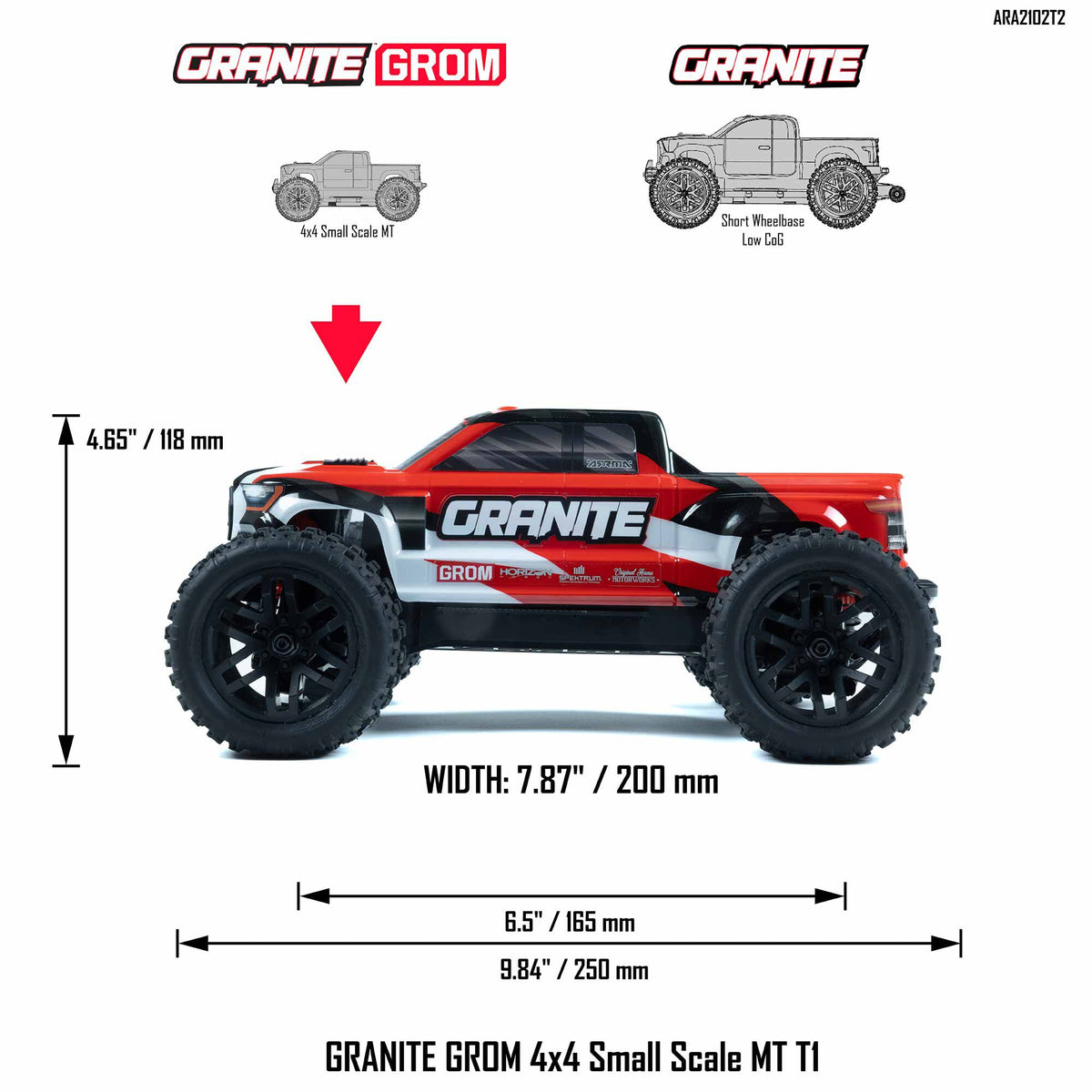 1/18 Granite Grom Ready to Run with Battery and Charger (Red) (ARA2102T2)_8