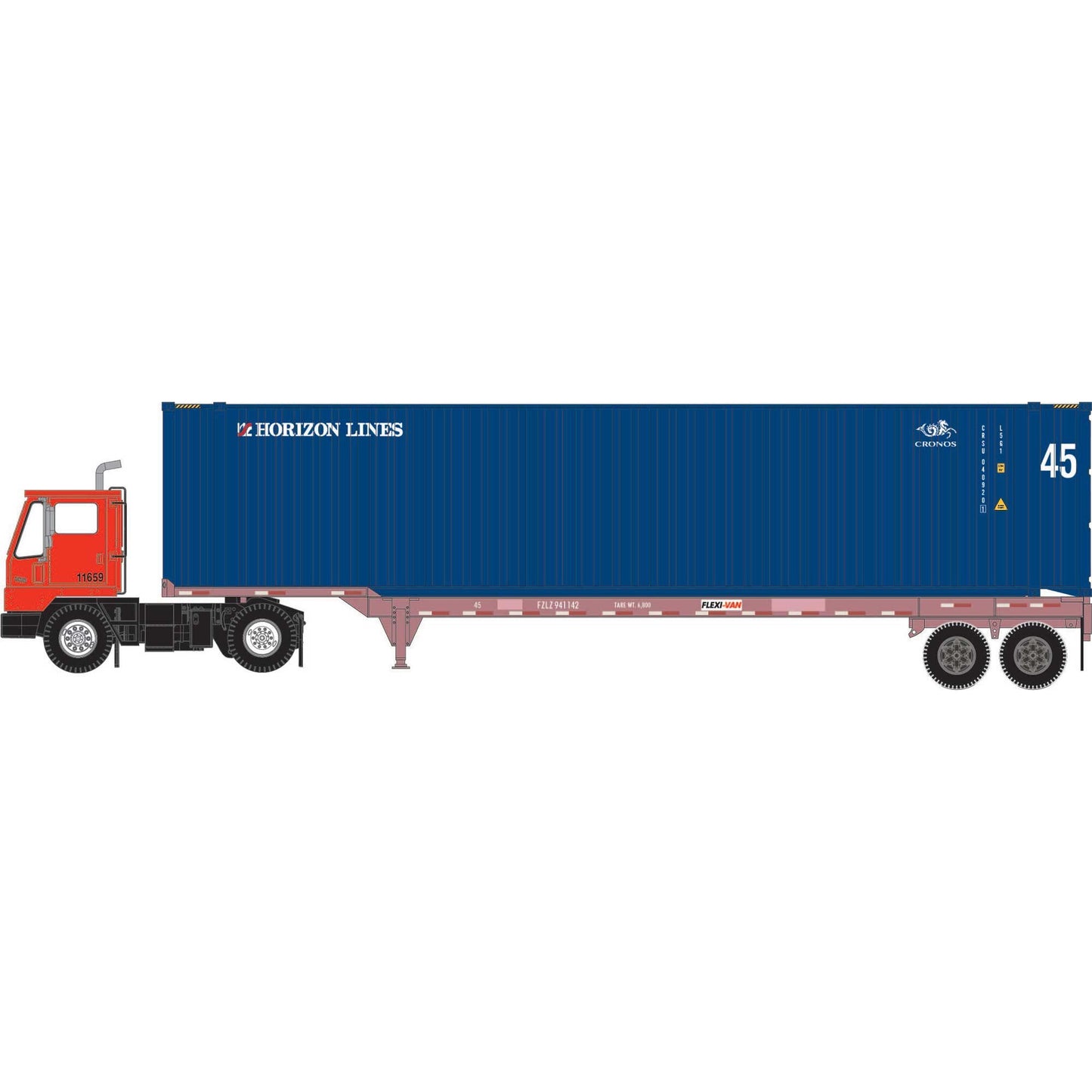 HO CRSU Set with 45' Container, 2 Chassis, and Yard Tractor (ATH-1826)