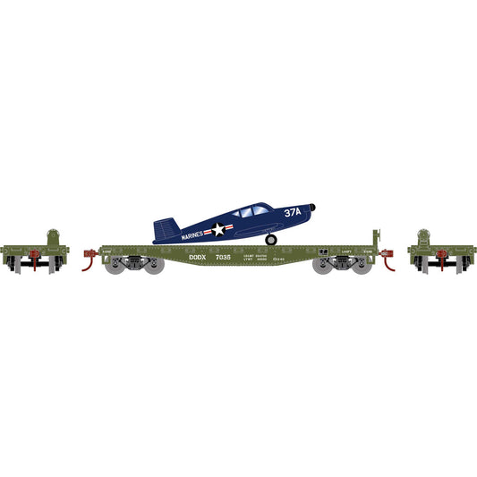 HO 40' Flat Car with Plane, DODX, Marines #7035 (ATH96459)