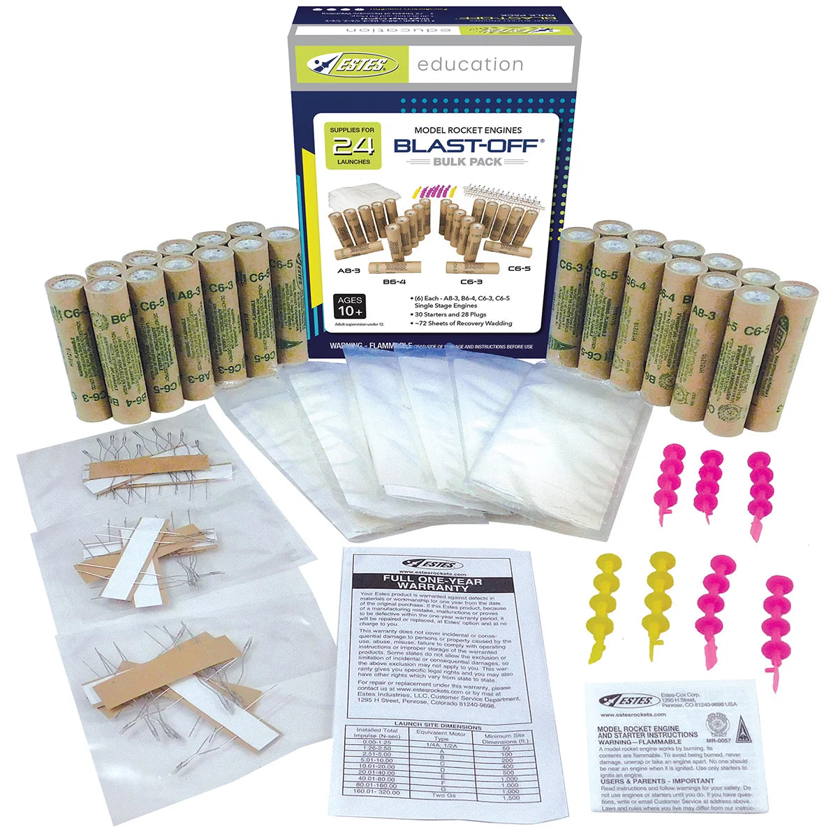 Blast Off Flight Pack with A8-3/B6-4/C6-3/C6-5 Engines (6 Each)/Ignitors(30)/Plugs (24)/Wadding (75) for Model Rockets (EST1672)