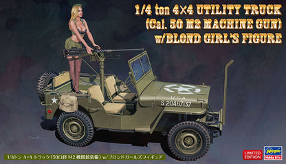 1/24 1/4 Ton 4x4 Utility Truck with Cal. 50 M2 Machine Gun and Blonde Girl Figure Plastic Model Kit (HSG52283)