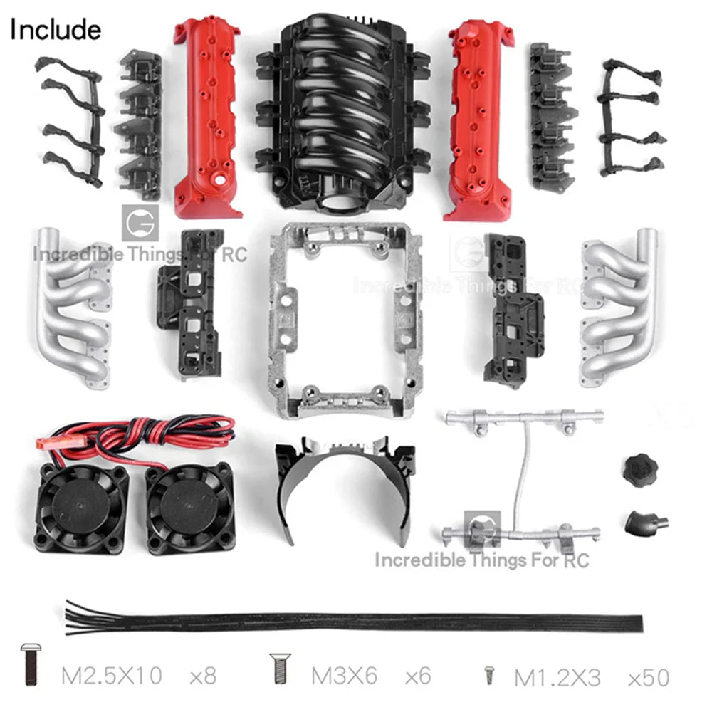 LS7 V8 Simulated Engine and Radiator Kit Motor Cooling Fans Red for 1/10 Rock Crawler (INJCRAW18304RD)