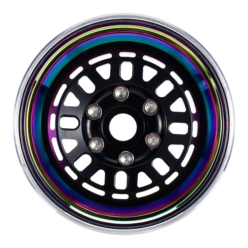 Aluminum and Carbon Fiber 1.9" Black and Rainbow Beadlock Wheels with 10mm Negative Offset for 1/10 Rock Crawler (4) (INJDGW1960BKR)