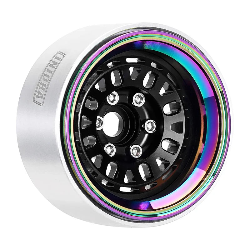 Aluminum and Carbon Fiber 1.9" Black and Rainbow Beadlock Wheels with 10mm Negative Offset for 1/10 Rock Crawler (4) (INJDGW1960BKR)