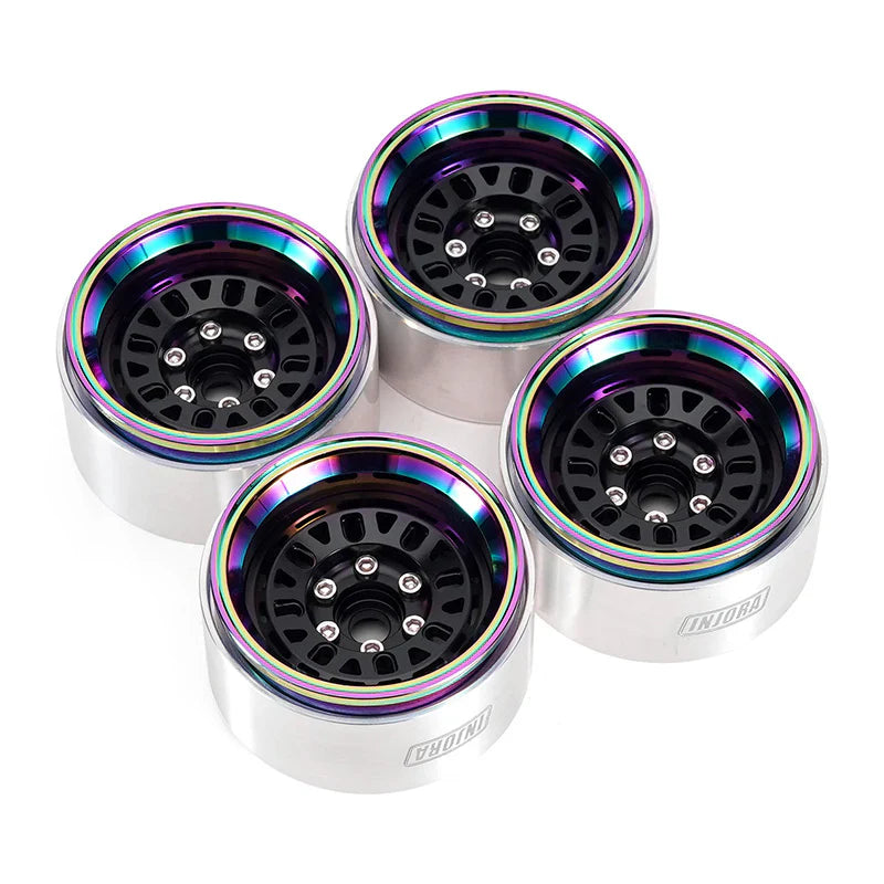 Aluminum and Carbon Fiber 1.9" Black and Rainbow Beadlock Wheels with 10mm Negative Offset for 1/10 Rock Crawler (4) (INJDGW1960BKR)