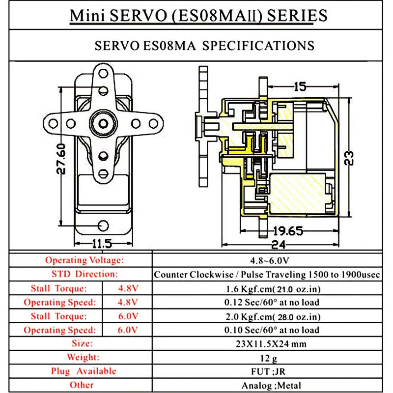 Emax Metal Gear Analog Servo (25.2oz/in|0.12sec/60-Degrees) with Black Aluminum Servo Mount and Black Brass Arm for SCX24/AX24 (INJES08MAMBB)