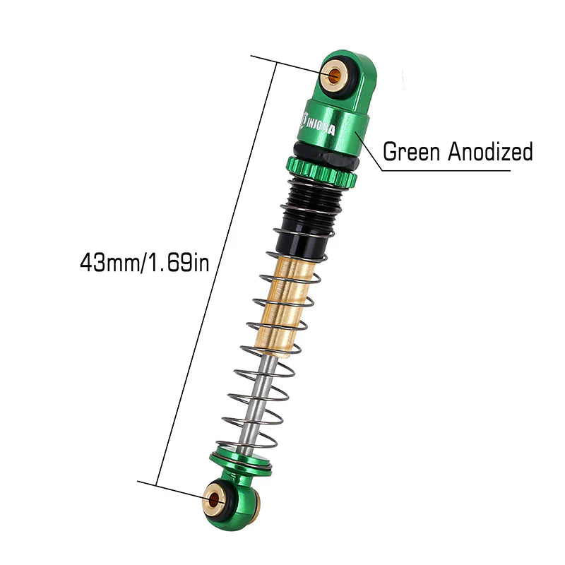 Aluminum Double-Barrel Threaded Shocks 43mm Green for SCX24 (4) (INJSCX2427GN4)