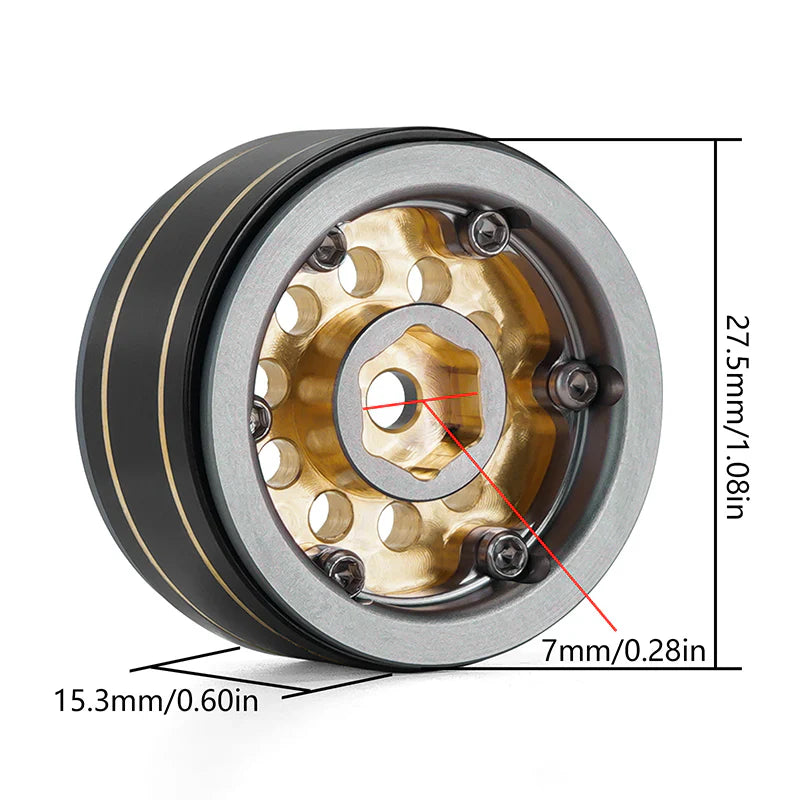 Brass 1.0" Gray Beadlock Wheels 39g with 2.65mm Negative Offset for 1/24-1/18 Rock Crawler (4) (INJYQW1008GL)