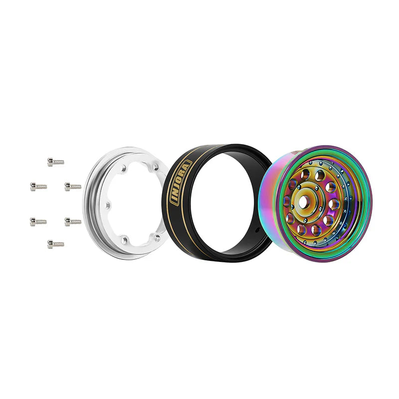 Brass 1.0" Rainbow Beadlock Wheels 39g with 2.65mm Negative Offset for 1/24-1/18 Rock Crawler (4) (INJYQW1008RW)