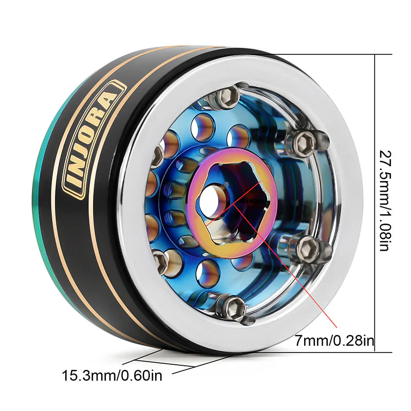 Brass 1.0" Rainbow Beadlock Wheels 39g with 2.65mm Negative Offset for 1/24-1/18 Rock Crawler (4) (INJYQW1008RW)