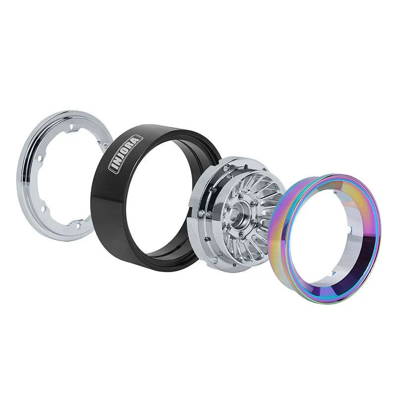 Aluminum Turbine 1.3" Beadlock Wheels Rainbow and Silver for 1/24-1/18 Rock Crawler (4) (INJYQW1303RS)