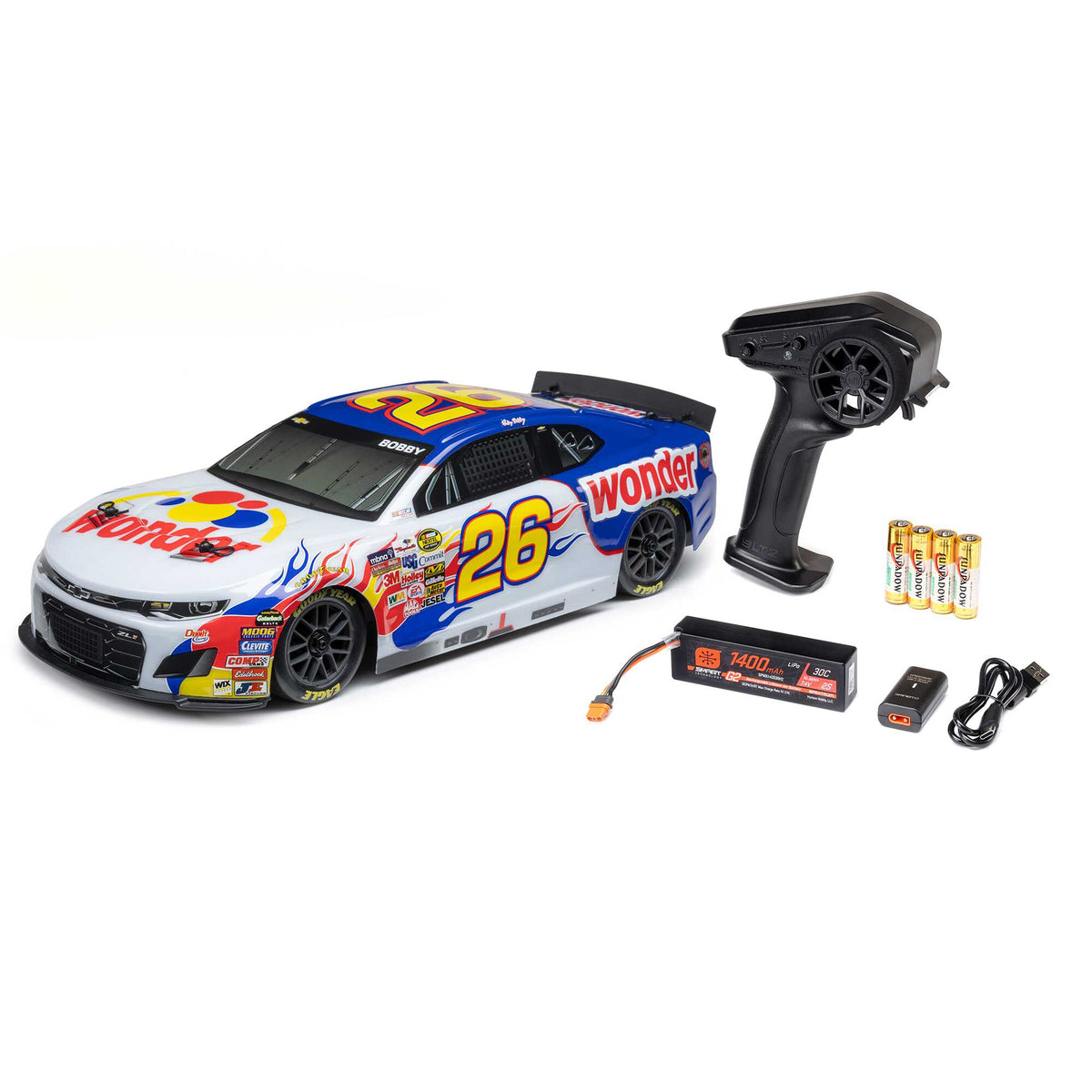 1/12 NASCAR RC Racecar Ready to Run with Battery and Charger (Fantasy Ricky Bobby #26 Wonder Bread 2026 Chevrolet Camaro ZL1) (LOSF1122626)_1