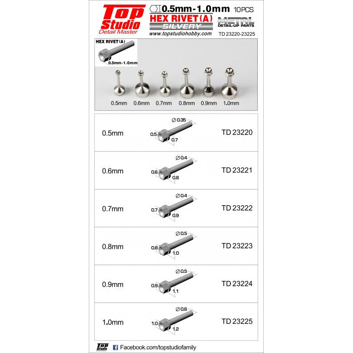 Hex Rivets 0.5mm (A) Silvery for Plastic Model Detailing (TPSTD23220)