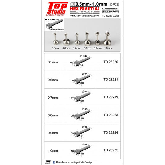 Hex Rivets 0.5mm (A) Silvery for Plastic Model Detailing (TPSTD23220)